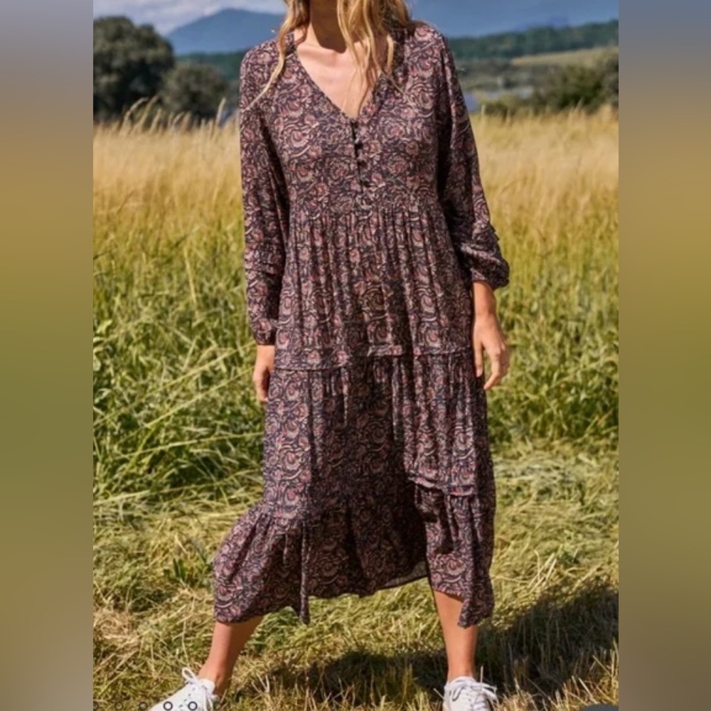 Faherty Isabella Long Sleeve Midi Dress in Artisan Block Print